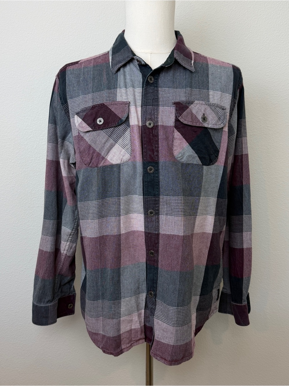 prAna Mens Large Plaid Button Up Shirt Organic Cotton Burgundy Gray